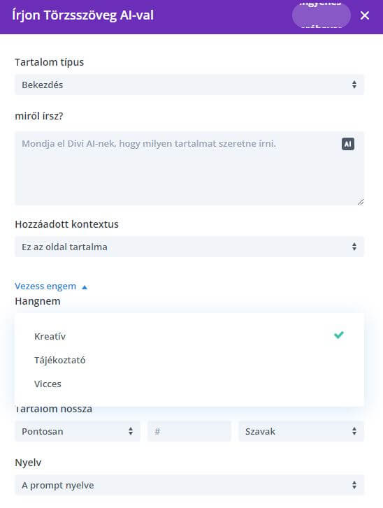 Divi AI (szöveg beállítás)