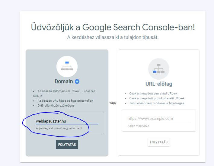 Search Console beállítása, url megadása